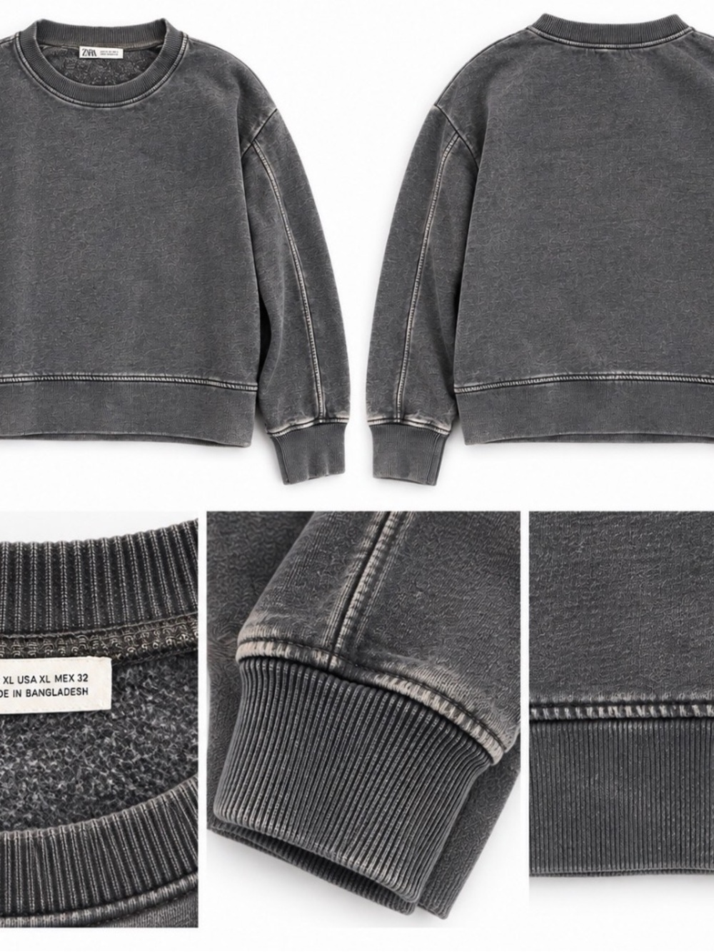 Zara Men’s Charcoal Vintage-Wash Crewneck Sweatshirt